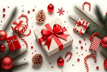 AI generated illustration of Christmas fir branches, gift boxes with red ribbon, red decoration
