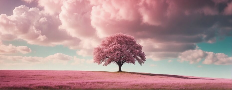 Spring wallpaper. A pink blossoming tree standing alone on a grass field against a pink cloudy sky. Beautiful spring nature scene.