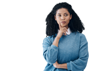 Woman, hand and thinking solution for idea brainstorming, thoughts or isolated on transparent png background. Black female person, contemplating and emoji face for question, wonder or problem solving