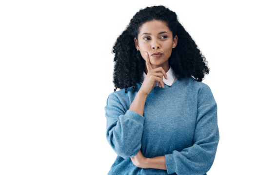 Woman, hand and thinking solution for idea brainstorming, thoughts or isolated on transparent png background. Black female person, contemplating and emoji face for question, wonder or problem solving