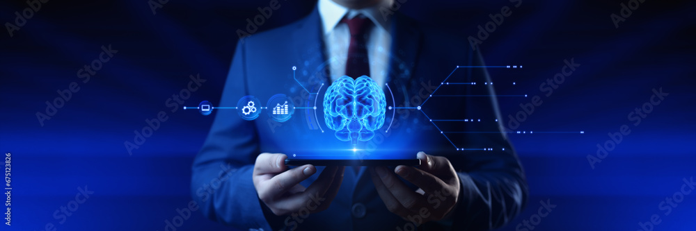 Poster ai - artificial intelligence concept. a businessman holds a smartphone with a hologram of a human br