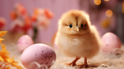 A fluffy chick surrounded by soft pink blossoms captures the essence of spring.
