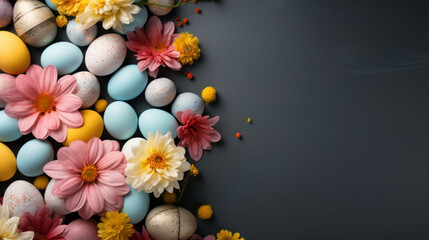 Vibrant Easter eggs nestled in a bed of flowers on a dark surface, evoking the festive spirit of the season
