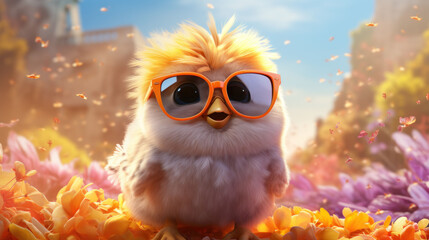 A whimsical chick with stylish sunglasses enjoying a vibrant floral setting, a playful touch to spring festivities
