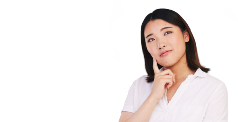 Woman, asian or thinking for solution in problem solving, idea or brainstorming for decision. Japanese model, emoji or contemplating in creative inspiration or isolated on transparent png background