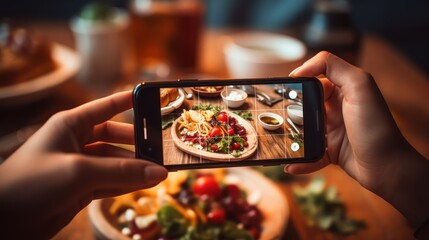 Woman using smartphone to take photos of food on the table, woman with food, photography technology - obrazy, fototapety, plakaty