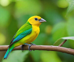 These are adorable birds. Stunning tanager Chlorophonia cyanea, a Colombian exotic tropical green songbird.

