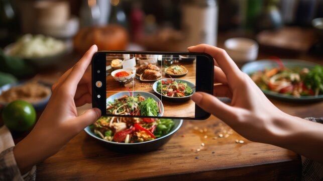 Woman using smartphone to take photos of food on the table, woman with food, photography technology