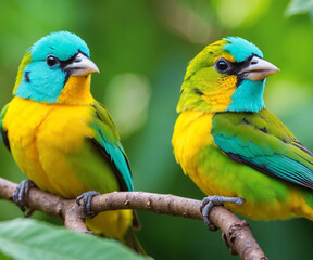 These are adorable birds. Stunning tanager Chlorophonia cyanea, a Colombian exotic tropical green songbird.
