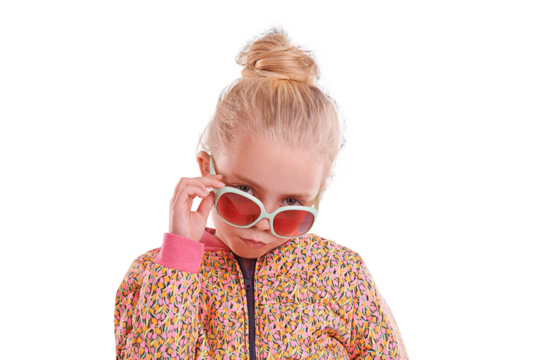 Sunglasses, child and portrait with fashion, funky clothing and confidence from trendy style. Young girl, pout and colorful clothes with cute kid and attitude isolated on transparent, png background