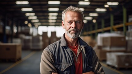 Fototapeta premium A middle-aged man stands in a warehouse, factory worker