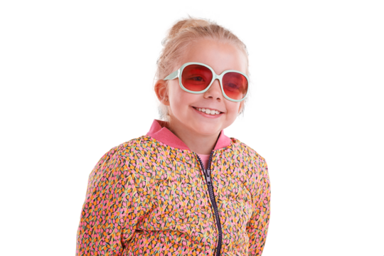 Child, fun and fashion sunglasses for cool, style and trendy clothes on isolated, transparent and png background. Smile, happy and girl kid with youth, funky and hipster eye care, frames and vision