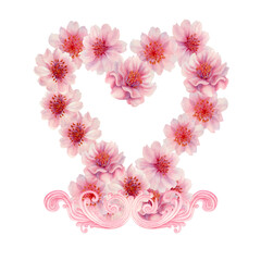 Watercolor pink heart drawn from cherry blossom flowers