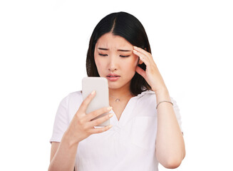 Search, phone and stress for technology with woman, reading notification and worry for networking....