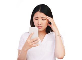 Search, phone and stress for technology with woman, reading notification and worry for networking. Social media, smartphone or frustrated in asian person or isolated on transparent png background