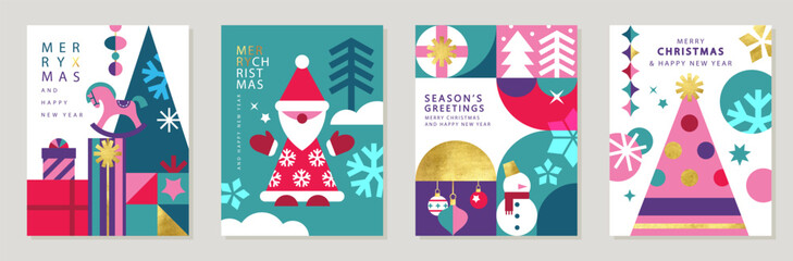 Merry Christmas and Happy New Year Set of greeting cards, posters, holiday covers. Abstract design with Christmas decorative elements. Modern minimalist geometric style.