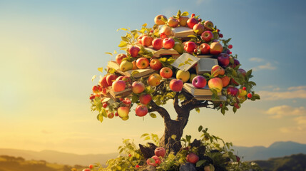 Bible tree of knowledge with apples,books like fruits on the tree ,daytime.