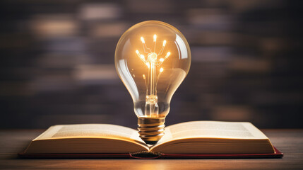 Education knowledge and business studying concept, Closeup glowing light bulb and book on table background.