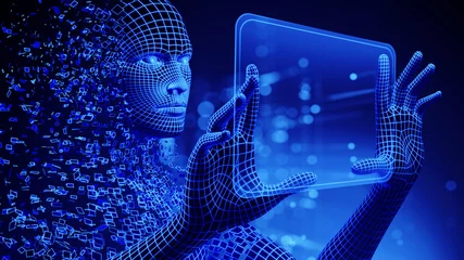 Foto op Aluminium Digital 3d Avatar touch virtual screen. Business Internet Science Technology Concept. Empty Space © Sikov
