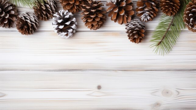 Christmas background - fir leaves and pine cones decorating rustic elements on white wood table
