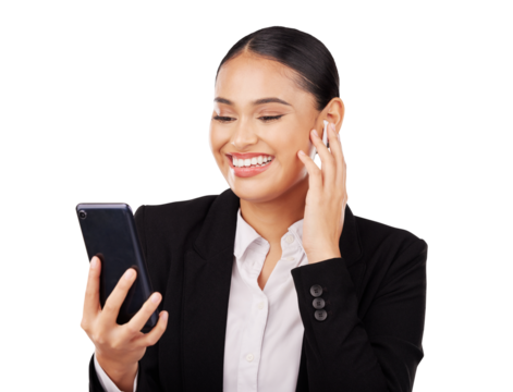Smile, phone and video call of a business woman isolated on a transparent PNG background. Female person or employee talking on mobile smartphone with earphones for virtual meeting or communication