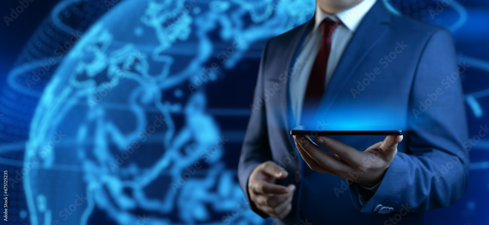 Poster businessman uses a smartphone. internet technology and business concept. empty space. template for t