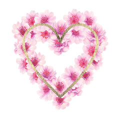Watercolor pink heart drawn from cherry blossom flowers