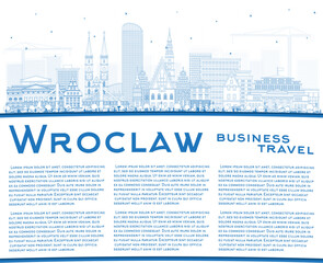 Outline Wroclaw Poland City Skyline with Blue Buildings and copy space. Wroclaw Cityscape with Landmarks. Business Travel and Tourism Concept with Historic Architecture.