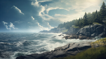 Rugged cliffs edge a turbulent sea under a dramatic sky.