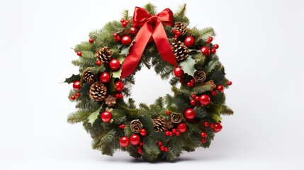 Fototapeta na wymiar Christmas wreath with decor on white blank background,