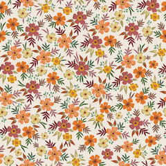 Colorful large-scale floral vector seamless pattern, hand-drawn. Nostalgic fashion textiles in retro style with burgundy, yellow and orange flowers on a light background.