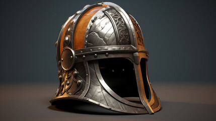 Ornate viking helmet with detailed engraving and leather accents.