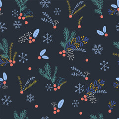 Vector seamless pattern with cranberry berries and fir twigs, snowflakes on a dark background in Christmas style.