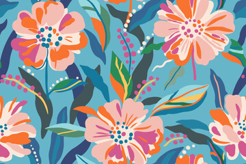 Colorful patterns depicting tropical plants, flowers, flower twigs, leaves on a blue background. Foliage of exotic plants in summer for banners, prints, decor.