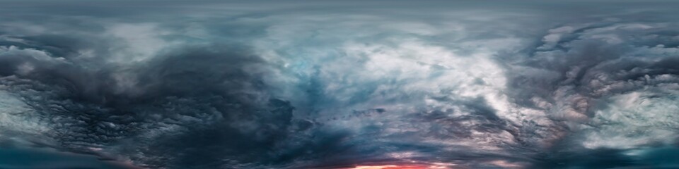 Dramatic overcast sky panorama with dark gloomy Cumulonimbus clouds. HDR 360 seamless spherical panorama. Sky dome in 3D, sky replacement for aerial drone panoramas. Weather and climate change concept - obrazy, fototapety, plakaty
