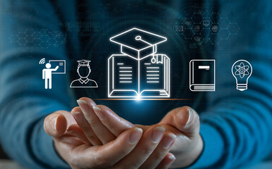 Human with technology internet learning and study online class webinar technology, e-learning,...