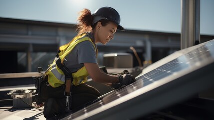 Female worker with hard work outdoors, woman with solar panels, woman at construction site - obrazy, fototapety, plakaty