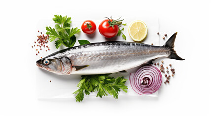Raw mackerel scomber fish with ingredients for cooking in baking dish white background
