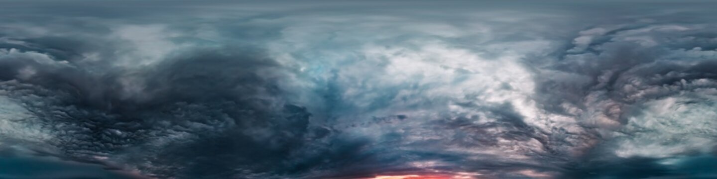 Dramatic overcast sky panorama with dark gloomy Cumulonimbus clouds. HDR 360 seamless spherical panorama. Sky dome in 3D, sky replacement for aerial drone panoramas. Weather and climate change concept