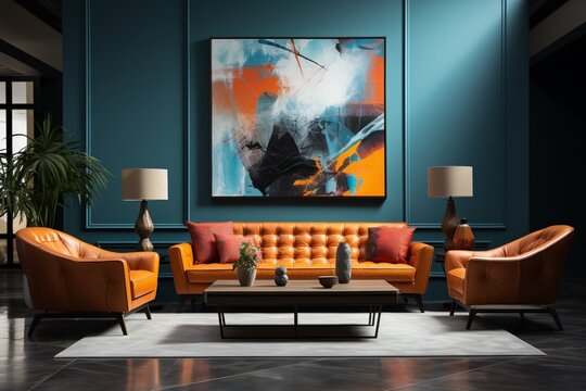 Art deco interior design of a modern living room with orange and blue tufted sofas near a stucco wall