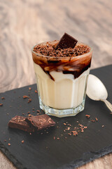 White chocolate vanilla bean pudding with dark chocolate topping. Perfect delicious dessert