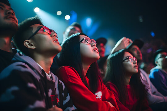 diverse shot of teens watching esports competition event at gaming conference