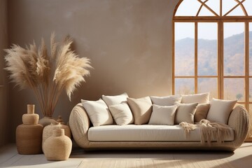 Beige wall with arch against sofa and vase with pampas grass, minimalist boho home interior design of modern living room