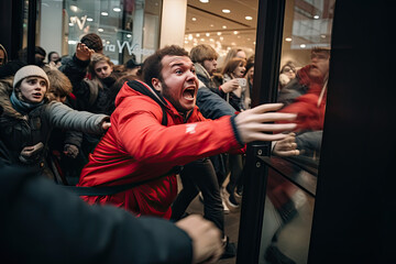 Fototapeta na wymiar Shoppers rushing and fighting over discounted products on black friday