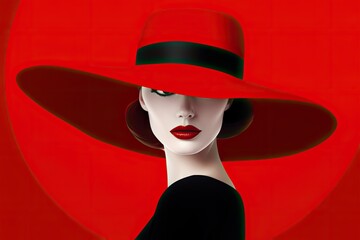 A woman in red hat on a red background, elegant lines, very glamorous - obrazy, fototapety, plakaty