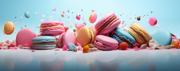 Different types of macaroons in motion falling on a colorful background - obrazy, fototapety, plakaty