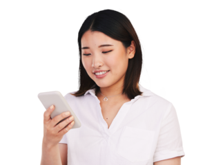 Search, phone or Asian woman typing on internet, reading email on app online or social media communication. Smartphone, happy person scroll or mobile technology isolated on transparent png background