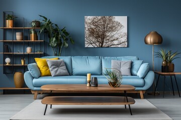 Blue sofa and wooden coffee table in modern interior design of living room