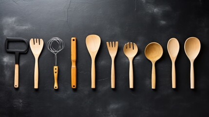 Details in kitchen,Kitchen utensils (cooking tools) on black chalkboard background