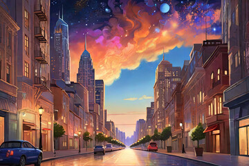 Surreal Night Cityscape Vibrant Digital Painting